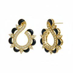 EL ARO Gold & Black Enamel Paisley Swirl CZ Stud Earrings