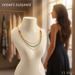 EL ARO Triple Strand Aqua Crystal & Gold Bead Necklace with Filigree Accents