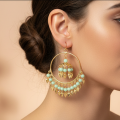 EL ARO Gold Hoop Jhumka Earrings with Mint Green Beads & Leaf Drops