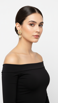 EL ARO Kundan Floral Stud Earrings with Pink Stone & Pearl Drop