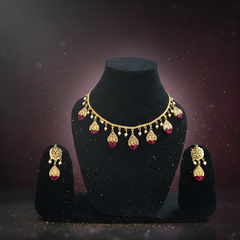 EL ARO Gold Floral Jhumka Necklace Set with Pink, Purple & Black Bead Drops