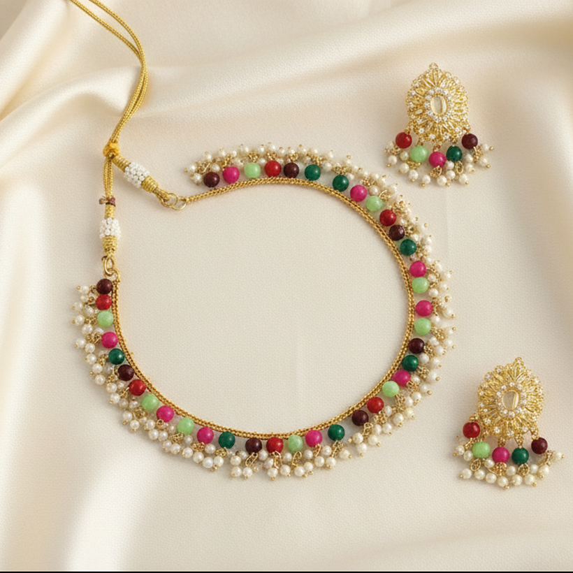 EL ARO Traditional Gold-Plated Multi-Color Beaded Choker Necklace Set with Matching Drop Earrings
