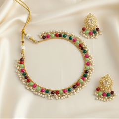 EL ARO Traditional Gold-Plated Multi-Color Beaded Choker Necklace Set with Matching Drop Earrings