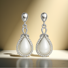 Elaro Silver Moonstone Teardrop Drop Earrings with CZ Halo