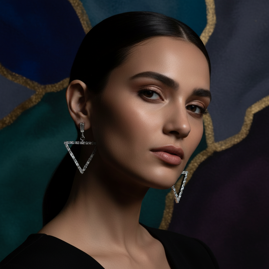 EL ARO Glamorous Silver Baguette Crystal Triangle Drop Earrings for Women
