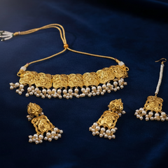 EL ARO Gold Floral Choker Necklace Set with Jhumka Earrings & Maang Tikka