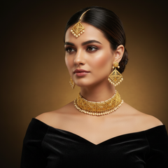 EL ARO  Bridal Gold Choker Necklace Set with Maang Tikka and Drop Earrings For Women