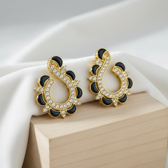 EL ARO Gold & Black Enamel Paisley Swirl CZ Stud Earrings