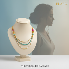 EL ARO Triple Strand Aqua Crystal & Gold Bead Necklace with Filigree Accents