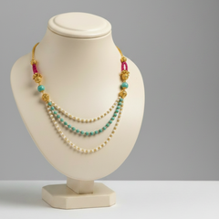 EL ARO Triple Strand Aqua Crystal & Gold Bead Necklace with Filigree Accents