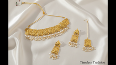 EL ARO Gold Floral Choker Necklace Set with Jhumka Earrings & Maang Tikka