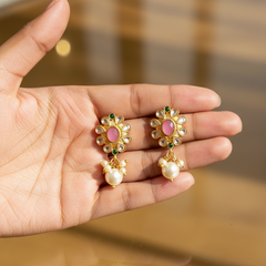 EL ARO Elegant Pink Kundan Floral Drop Earrings with Pearl Hangings