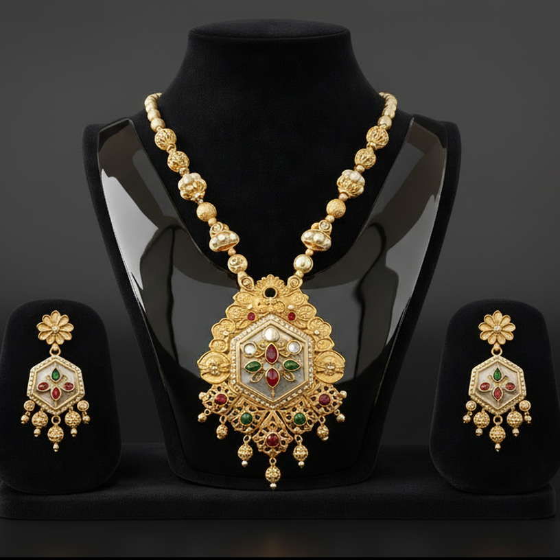 EL ARO Royal Matte Gold-Plated Long Necklace Set with Matching Drop Earrings