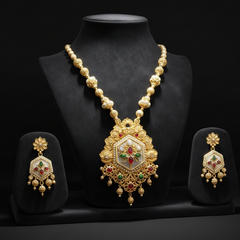 EL ARO Royal Matte Gold-Plated Long Necklace Set with Matching Drop Earrings