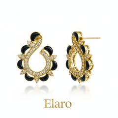 EL ARO Gold & Black Enamel Paisley Swirl CZ Stud Earrings