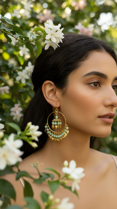 EL ARO Gold Hoop Jhumka Earrings with Mint Green Beads & Leaf Drops