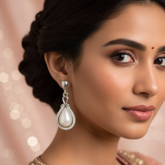 Elaro Silver Moonstone Teardrop Drop Earrings with CZ Halo