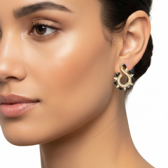 EL ARO Gold & Black Enamel Paisley Swirl CZ Stud Earrings