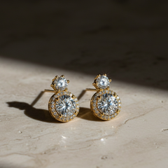 Elaro Luxury Pearl & CZ Halo Drop Earrings — Gold Bridal Collection