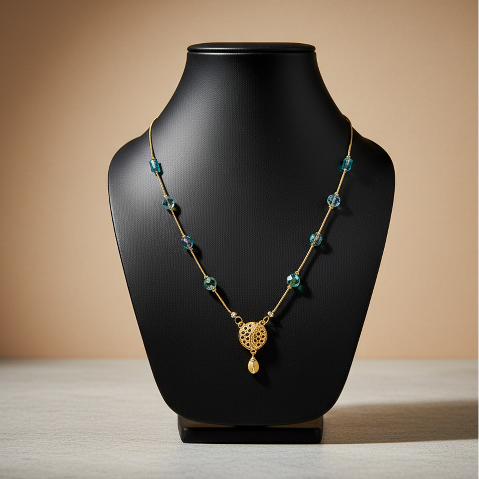 Elaro Everyday Elegance — Gold Teal Crystal Bead Chain Necklace with Filigree Pendant