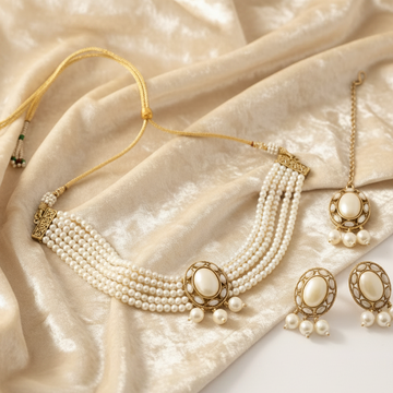Elaro Timeless Elegance — Multi-Strand Pearl Choker Necklace & Stud Earrings Set