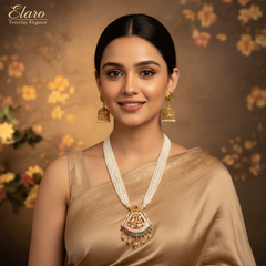 Elaro Pearl Strand Necklace & Jhumka Earrings Set with Peacock Pendant