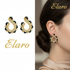 EL ARO Gold & Black Enamel Paisley Swirl CZ Stud Earrings