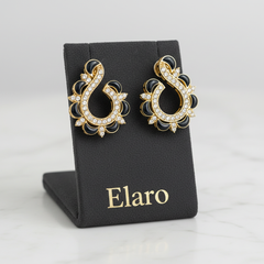 EL ARO Gold & Black Enamel Paisley Swirl CZ Stud Earrings