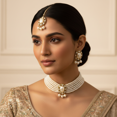 Elaro Timeless Elegance — Multi-Strand Pearl Choker Necklace & Stud Earrings Set