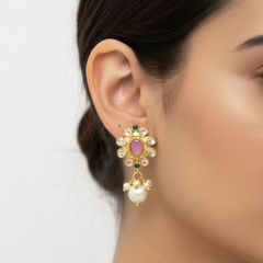 EL ARO Elegant Pink Kundan Floral Drop Earrings with Pearl Hangings