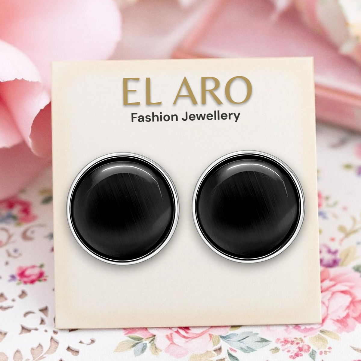 EL ARO Black Onyx Round Button Stud Earrings — Silver Bezel Setting