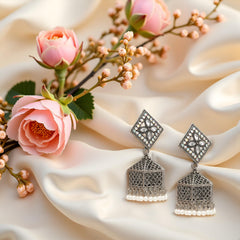 EL ARO Oxidised Silver Diamond-Top Jhumka Earrings with Multicolour Enamel & Bead Drops