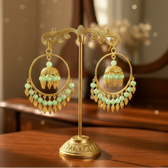 EL ARO Gold Hoop Jhumka Earrings with Mint Green Beads & Leaf Drops