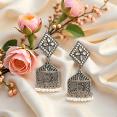 EL ARO Oxidised Silver Diamond-Top Jhumka Earrings with Multicolour Enamel & Bead Drops