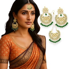 EL ARO Gold Kundan Chandbali Earrings & Maang Tikka Set with Ruby pink Bead Drops