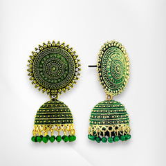EL ARO Vintage Antique Gold Starburst Jhumka Earrings with Black Beads