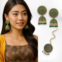 EL ARO Vintage Antique Gold Starburst Jhumka Earrings with Black Beads