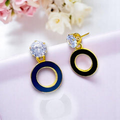 EL ARO Gold & Black Enamel Circle Drop Earrings with CZ Stud