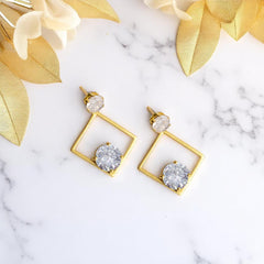 EL ARO Golden Open Diamond Frame Double CZ Solitaire Drop Earrings