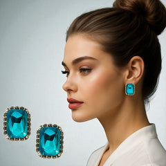 EL ARO Vintage Silver Emerald-Cut Green Crystal Stud Earrings with Marcasite Border