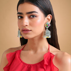 EL ARO Oxidised Silver Diamond-Top Jhumka Earrings with Multicolour Enamel & Bead Drops