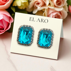 EL ARO Vintage Silver Emerald-Cut Green Crystal Stud Earrings with Marcasite Border