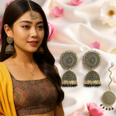 EL ARO Vintage Antique Gold Starburst Jhumka Earrings with Black Beads