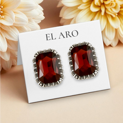 EL ARO Vintage Silver Emerald-Cut Green Crystal Stud Earrings with Marcasite Border