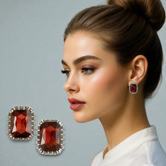 EL ARO Vintage Silver Emerald-Cut Green Crystal Stud Earrings with Marcasite Border
