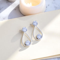 EL ARO Silver Open Teardrop Double CZ Solitaire Drop Earrings