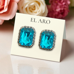 EL ARO Vintage Silver Emerald-Cut Green Crystal Stud Earrings with Marcasite Border