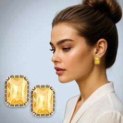 EL ARO Vintage Silver Emerald-Cut Green Crystal Stud Earrings with Marcasite Border