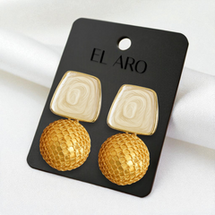 EL ARO Cream Enamel & Gold Mesh Ball Drop Earrings