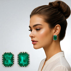 EL ARO Vintage Silver Emerald-Cut Green Crystal Stud Earrings with Marcasite Border